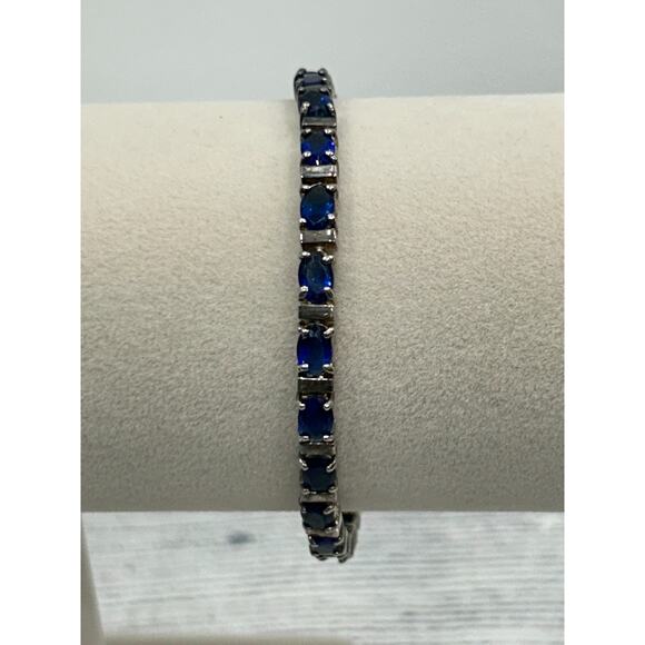 DBJ 925 Sterling Silver 7.5 Inch Blue Oval Stone Sapphire Link Tennis Bracelet - Picture 1 of 11